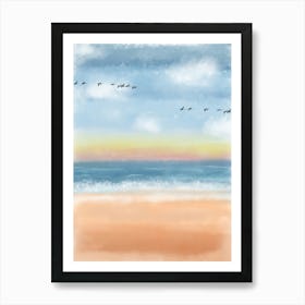 Beach Sunset Sea Ocean Sand Bird Sky Landscape Nature Watercolor Clouds Art Print