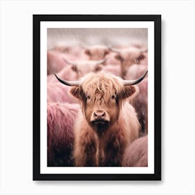 Blush Pink Highland Cows In The Rain 3 Art Print