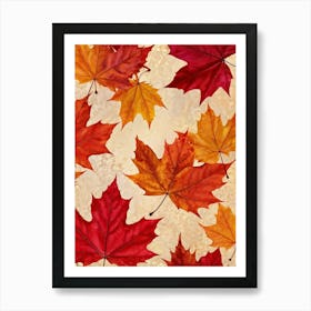 Autumn Themed Wallpaper Showcasing A Sun Drenched Group Of Maple Leaves In Varying Shades Of Red Or (4) Art Print