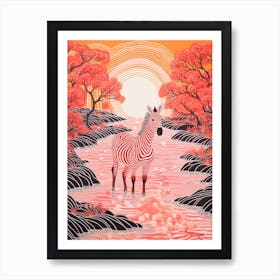 Linocut Pink & Red Inspired Zebra 4 Art Print