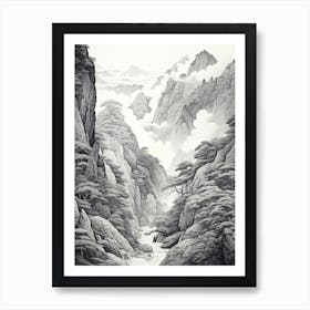 Shosenkyo Gorge In Yamanashi, Ukiyo E Black And White Line Art Drawing 3 Art Print