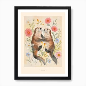 Folksy Floral Animal Drawing Otter 4 Poster Art Print