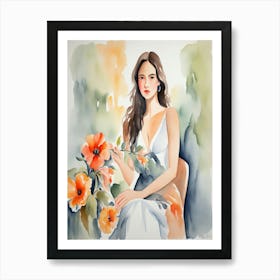 Watercolor Of A Woman With Flowers Art Print