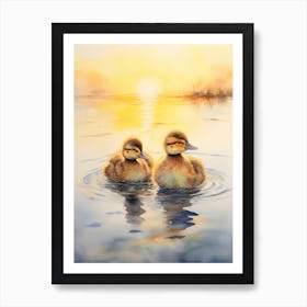 Ducks Swimming In The Lake At Sunset Watercolour 4 Poster