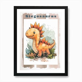 Cute Cartoon Stegosaurus Dinosaur Watercolour 1 Poster Art Print