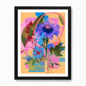 Cornflower (Bachelor S Button) 3 Neon Flower Collage Art Print
