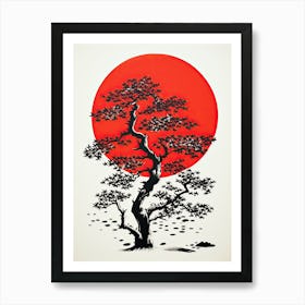 Bonsai Tree and Red Moon Japan Poster Art Print