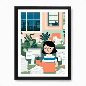 Illustration Of A Woman Working In An Office Art Print