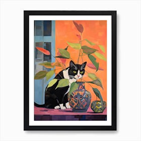 Sweet Pea Flower Vase And A Cat, A Painting In The Style Of Matisse 3 Art Print