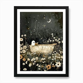 Bathroom Art Spooky Cute Ghost Reading in the Bath Under the Moon and Stars Moody Botanical Painting in HD Art Print