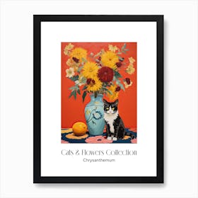 Cats & Flowers Collection Chrysanthemum Flower Vase And A Cat, A Painting In The Style Of Matisse 0 Art Print