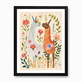 Folksy Floral Animal Drawing Llama 4 Art Print