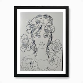 Girl with roses in black and white Art Print