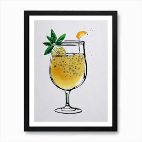 Champagne Minimal Line Drawing With Watercolour Cocktail Poster Art Print