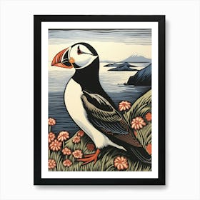 Vintage Bird Linocut Puffin 1 Art Print