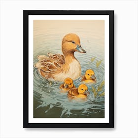 Ducklings In The Lake Japanese Woodblock Style 1 Art Print