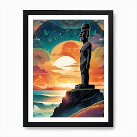 Easter Island - Imagined Visionary Psychedelic Mandala Fractals Fantasy Artwork Sun Moon Statue Yoga Spiritual Awakening Meditation Wall Room Decor South Eastern Pacific Sunset Art Print