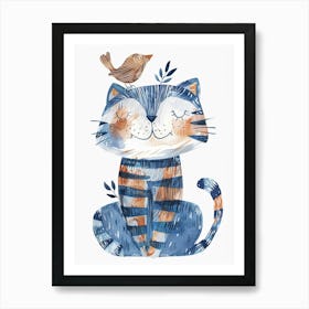 Small Joyful Tiger With A Bird On Its Head 3 Art Print