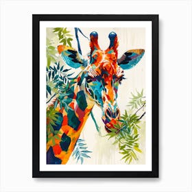 Giraffe In The Leaves Colourful Pattern 4 Art Print