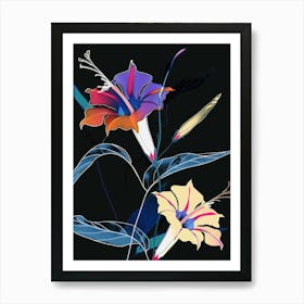 Neon Flowers On Black Morning Glory 6 Art Print