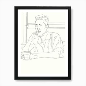 Man With A Cup Of Coffee Hand Drawing Line Art Art Print