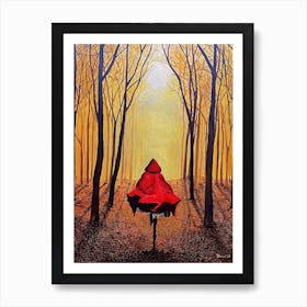 Woman In Red Cape Running Into Woods Golden Sky Art Print