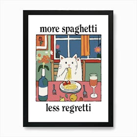 More Spaghetti Less Regretti White Cat Print Retro Diner Poster Cartoon Dining Pasta Posters Italian Kitchen Art Print