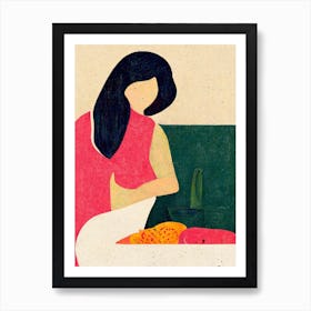 Girl Sitting In A Kitchen With A Bowl Of Fruits Art Print