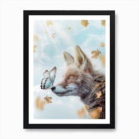 Fox And Blue Butterfly Under Autumn Leaves Art Print