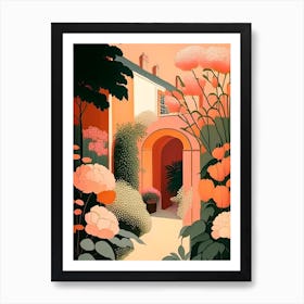 Courtyard With Peonies Orange And Pink Vintage Sketch Art Print