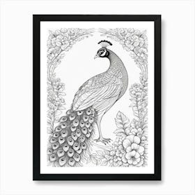 Peacock Coloring Page Kids Bird Animal Nature Black White Art Print