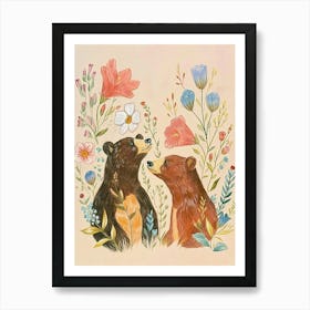 Folksy Floral Animal Drawing Bear Art Print