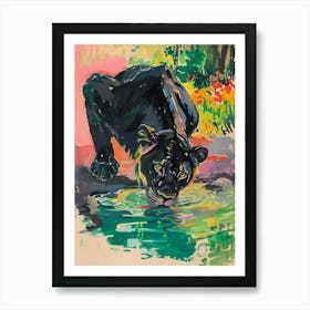 Black Lion Drinking From A Watering Hole Fauvist Painting 1 Art Print