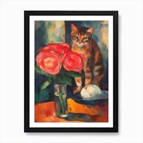 Flower Vase Rose With A Cat 2 Impressionism, Cezanne Style Art Print