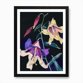 Neon Flowers On Black Canterbury Bells 1 Art Print