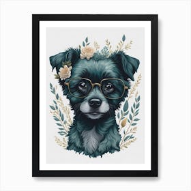 Cute Floral Dog With Sunglasses Painting (2) Art Print