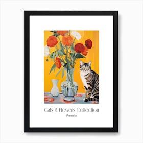 Cats & Flowers Collection Freesia Flower Vase And A Cat, A Painting In The Style Of Matisse 2 Art Print