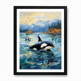 Two Orca Whales Geometric Impasto Blue Art Print