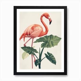 Lesser Flamingo And Alocasia Elephant Ear Minimalist Illustration 4 Art Print