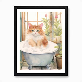 Turkish Cat In Bathtub Botanical Bathroom 2 Art Print