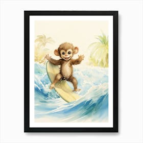 Monkey Painting Surfing Watercolour 3 Art Print