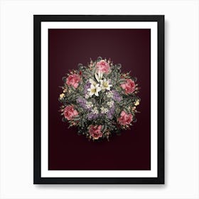 Vintage Madonna Lily Flower Wreath on Wine Red n.0495 Art Print