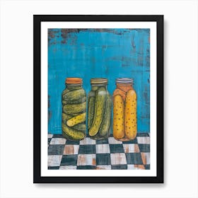 Pickles In Jars Blue Checkerboard 1 Art Print
