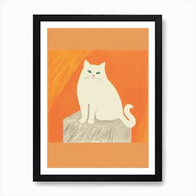 White Cat Orange Background Illustration 3 Art Print