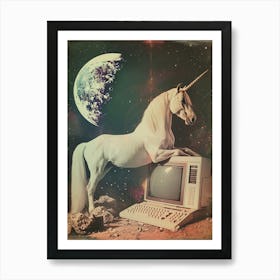 Retro Unicorn In Space With A Computer Retro Collage 1 Art Print