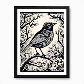B&W Bird Linocut Robin 1 Art Print