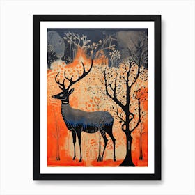 Deer, Woodblock Animal  Drawing 2 Art Print