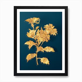 Vintage Red Aster Flowers Botanical in Gold on Teal Blue n.0223 Art Print