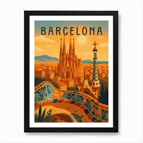 Barcelona Travel Poster – Gaudí and Colorful Mosaic Cityscape: A vibrant poster of Barcelona filled with Gaudí flair, from Sagrada Familia to Park Güell. Bursting with mosaics, culture, and summer vibes – ideal for urban explorers and art nouveau fans who love Spanish architecture and colorful design. Art Print