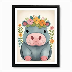 Floral Baby Hippo Nursery Illustration (19) Art Print